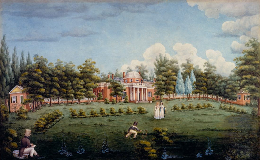 Monticello, la casa de Thomas Jefferson en Virginia, en una pintura del siglo XIX: el p&oacute;rtico y la c&uacute;pula sobre la colina, por encima del jard&iacute;n, con figuras caminando por el c&eacute;sped