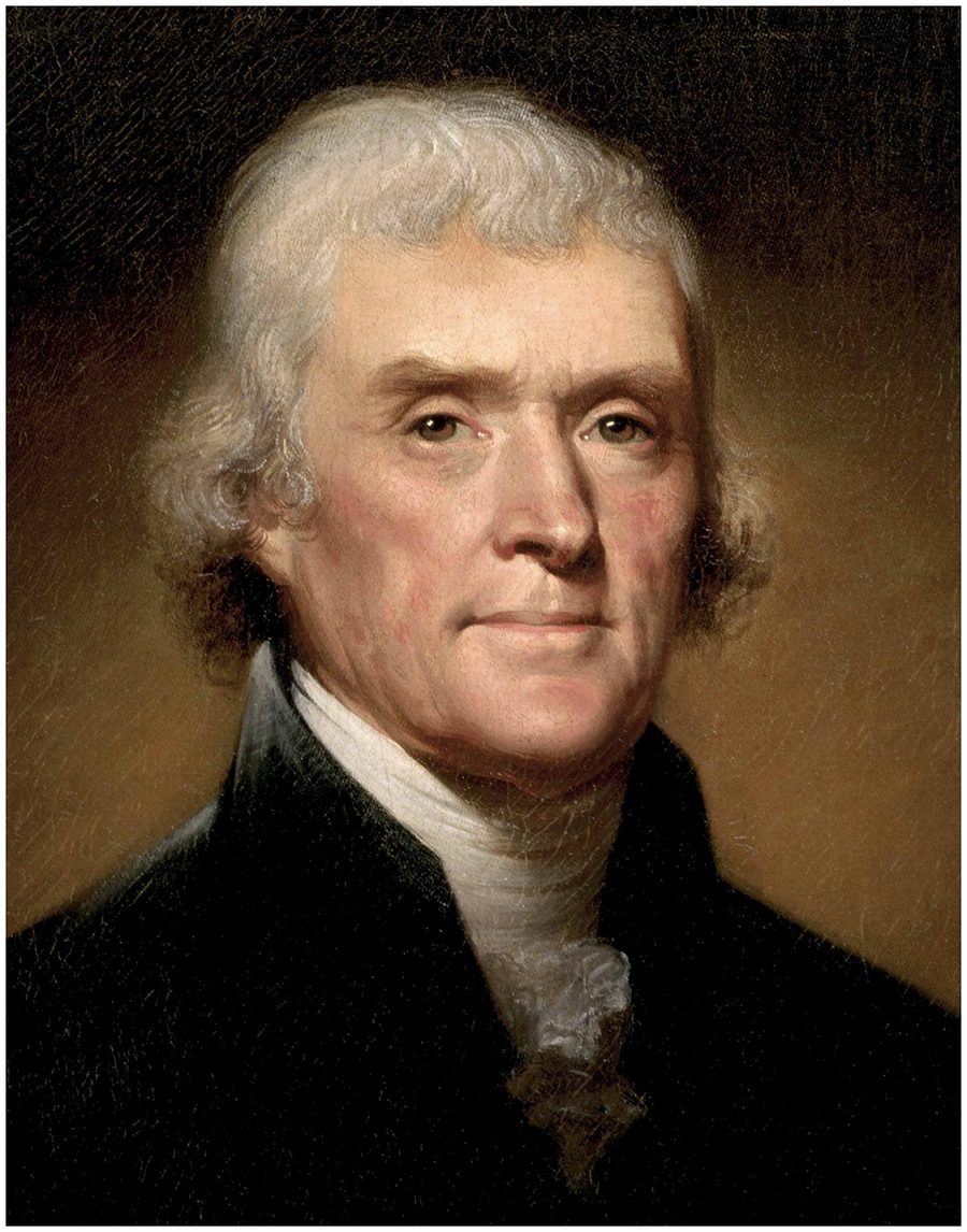 Retrato de Thomas Jefferson, de pelo blanco, chaqueta oscura y corbat&iacute;n blanco